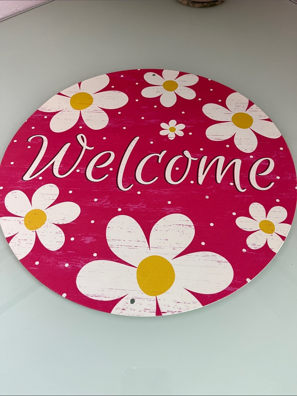 Welcome 12” Round Floral Sign - Pink & White Floral